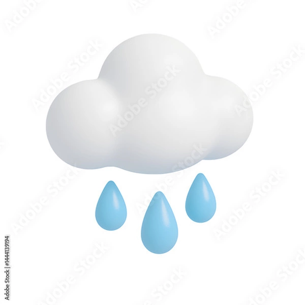 Fototapeta White cloud with blue raindrops in soft 3D pastel cartoon style on transparent background
