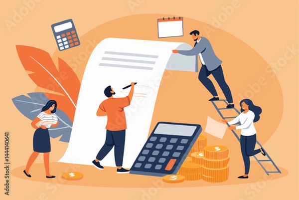 Fototapeta A massive, looming vector illustration of a tax invoice dwarfed by numerous tiny people, signifying the overwhelming burden of taxation.