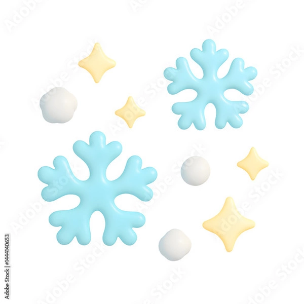 Fototapeta Pastel blue snowflakes and sparkles in flat winter 3D cartoon style on transparent PNG background
