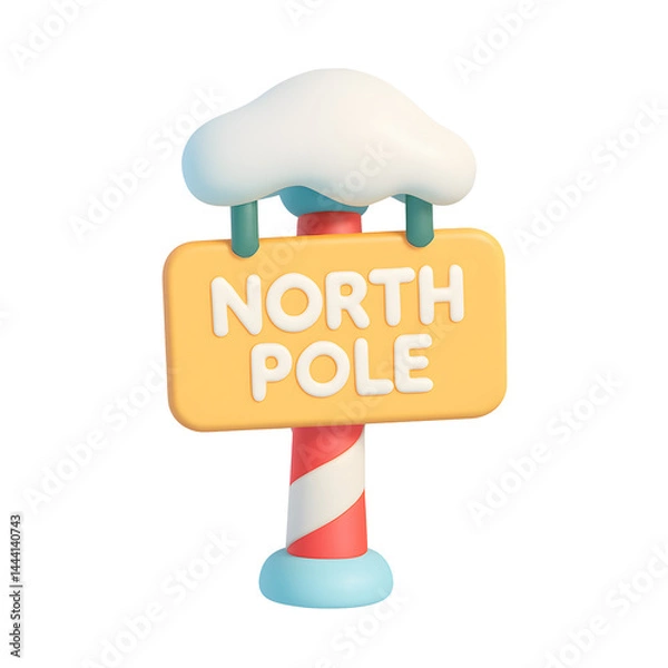 Obraz Cute pastel cartoon-style North Pole signpost with snow-topped board and red-white striped pole on transparent PNG icon
