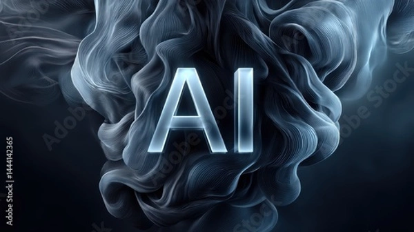 Fototapeta Futuristic "AI" letters emerge from abstract swirling digital patterns in dark tones.