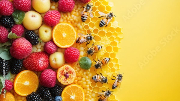 Fototapeta A bees gather honeycomb near fresh fruit including orange raspberry and blackberry bright yellow setting celebrating world bee day with natural
