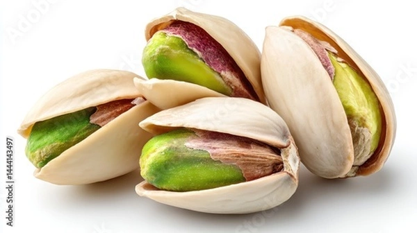 Fototapeta Four open pistachio nuts with green and purple kernels on a white background.