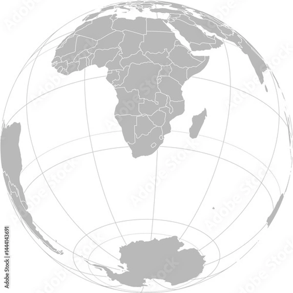 Fototapeta World vector map with country boundaries and graticules (South Africa-centered view, orthographic projection, PPT-compatible & fully editable)