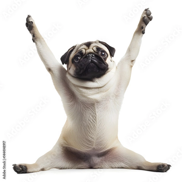 Fototapeta A full-body picture of a pug doing yoga, front legs stretched forward, back legs up, looking like it’s trying hard to balance. White background.