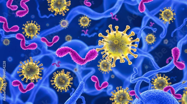 Fototapeta Colorful microscopic illustration of viruses and bacteria floating against a blue background, depicting a vibrant microbial environment.