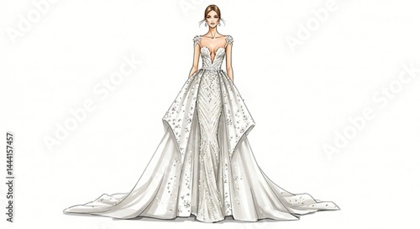 Fototapeta Wedding Dress Couture Drawing Isolated on White
Hand-drawn couture wedding gown sketch, perfect for luxury branding and transparent applications, front and slight side perspective