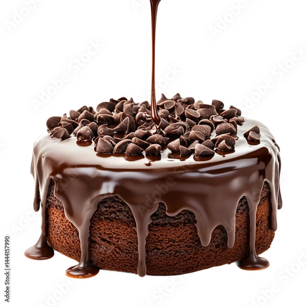 Fototapeta From the cake flows chocolate on white background Isolated on white and transparent background