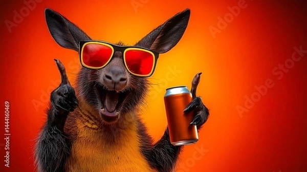 Fototapeta A joyful kangaroo wearing sunglasses holds a can, celebrating in a vibrant orange background