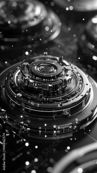 Fototapeta A close up of a black and silver object with a lot of detail. The object is a sphere with a lot of small details and a lot of silver. The object is surrounded by a lot of small dots