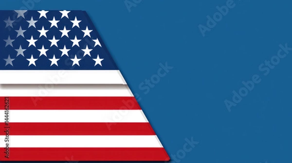 Fototapeta A blue background with a red and white American flag. The flag is in the middle of the background and is surrounded by stars