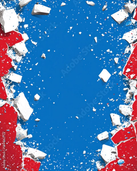 Fototapeta A blue and white background with red and white pieces scattered across it. The image has a sense of destruction and chaos, with the red and white pieces representing the rubble of a building