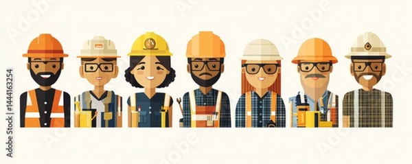 Fototapeta A group of construction workers are smiling and wearing safety gear. They are all holding tools and wearing hard hats