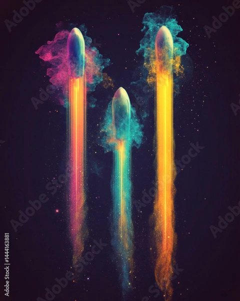 Fototapeta Three colorful rockets are flying through space, leaving a trail of colorful smoke behind them. Concept of excitement and wonder, as if the rockets are on a mission to explore the universe