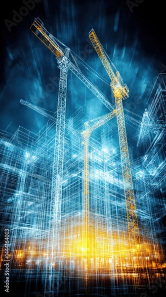 Fototapeta A futuristic cityscape with tall buildings and cranes. The sky is blue and the buildings are illuminated with yellow lights. Scene is one of excitement and progress, as the city is constantly growing
