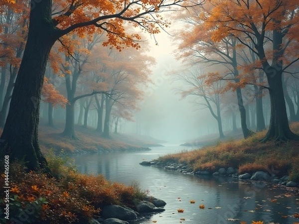 Fototapeta Forest River Fork in Autumn Mist: A view of river amidst a dense forest covered in mist and autumn foliage, creating a soft dreamlike atmosphere.