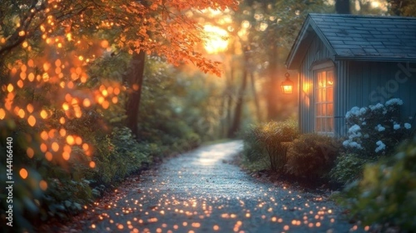 Fototapeta Autumnal path to a cozy cottage