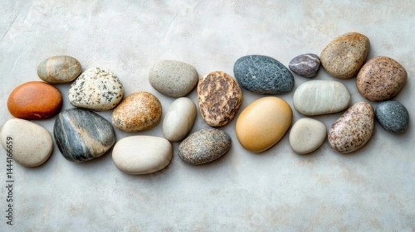 Fototapeta Collection of various colored stones arranged in a horizontal row.