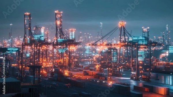 Fototapeta Futuristic port city at night, with cranes and containers, illuminated by vibrant lights.