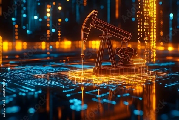 Fototapeta Oil and gas industry digital twin technology illustration with an oil pump in a holographic style on top of a computer screen displaying data charts
