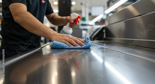 Fototapeta Sanitizing counter with spray and cloth cleaning