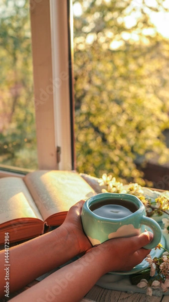 Fototapeta Hands holding a turquoise cloud-patterned mug near an open book on a windowsill, surrounded by blooming spring branches, glowing in warm golden hour sunlight