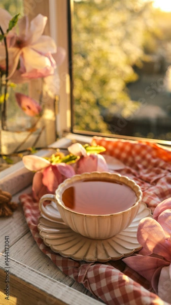 Obraz Vintage teacup with tea on a wooden tray by a window, surrounded by pink flowers and soft sunlight, with a warm and peaceful morning atmosphere