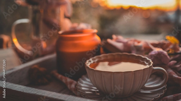 Obraz Ceramic cup of tea and candle on a rustic tray with soft pink flowers at sunset, creating a cozy and tranquil spring atmosphere