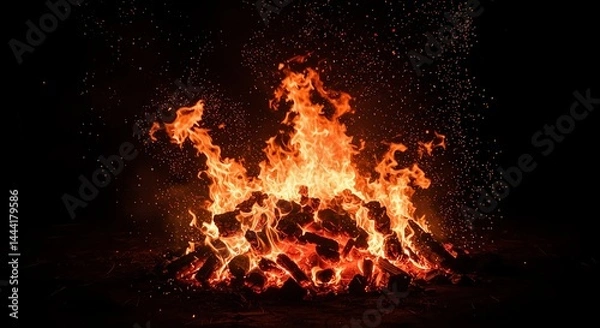 Fototapeta Burning Fire Pit with Glowing Embers and Soaring Flames