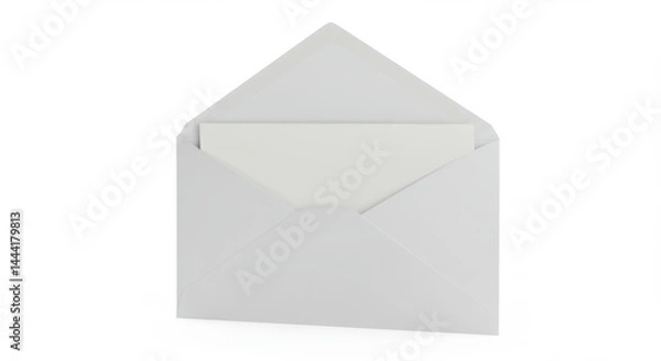 Fototapeta Open white envelope with blank card inside for message or invitation on white background representing communication, correspondence, and greetings