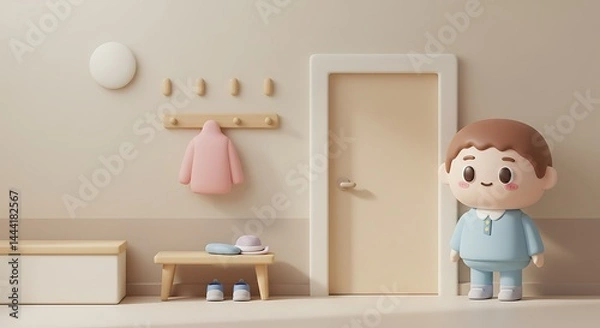 Fototapeta 3d cute cartoon illustration, scandinavian interior design entry way of a house, subject on the right, clear copy space on the left.