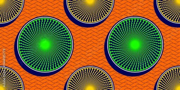 Fototapeta African circle seamless pattern, tribal abstract textile art, hand drawn ethnic fashion design for fabric clothing prints, cultural background, vector art, not AI generated
