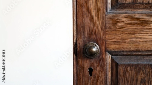 Fototapeta Dark oak door with panel detailing and keyhole, slightly ajar on white background.