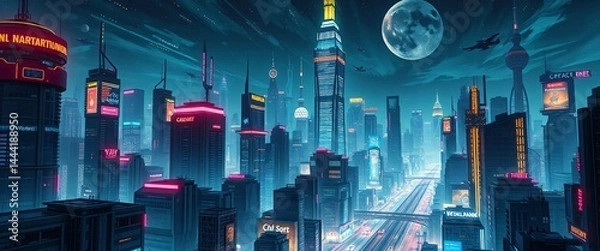 Fototapeta A vibrant and dynamic cityscape, showcasing futuristic architecture and neon lighting.