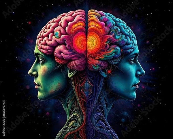 Fototapeta Surreal Faces and Brain Fusion