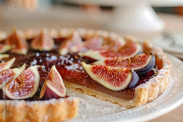 Fototapeta Fig and Honey Tart Close-up Shot right view served on a white plate background of kitchen