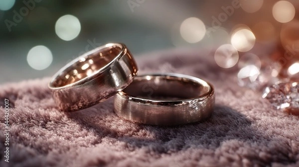 Fototapeta Wedding rings resting on velvet, bathed in soft light, symbolizing love and commitment in a timeless moment.
