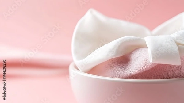 Fototapeta Elegant pastel pink aesthetic featuring a delicate bowl with soft fabrics