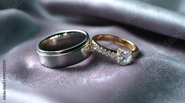Fototapeta Wedding rings resting on velvet, bathed in soft light, symbolizing love and commitment in a timeless moment.

