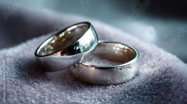 Fototapeta Wedding rings resting on velvet, bathed in soft light, symbolizing love and commitment in a timeless moment.
