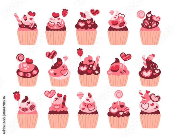 Obraz Valentine cupcakes flat vector illustration set