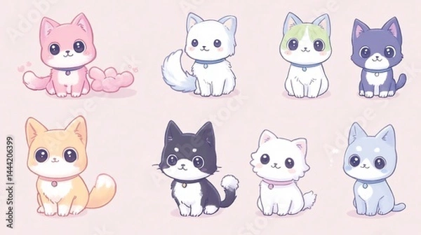 Fototapeta Charming collection of adorable kawaii kittens with sweet expressions on a soft background