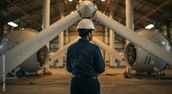 Fototapeta A female engineer in a hard hat stands in a large industrial building, observing massive wind turbine components and blades, representing renewable energy technology and manufacturing.