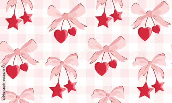 Fototapeta bow seamless patterns, ribbon, gift wrapping paper seamless pattern, Vector graphics. happy birthday, anniversary, party, celebration, fabric, textile, cherry and bow ribbon, heart, red, check