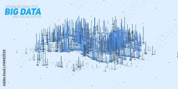 Fototapeta Vector abstract 3D big data visualization with bars. Futuristic infographics aesthetic design. Visual information complexity. Intricate data threads bar chart. Social network or business analytics.