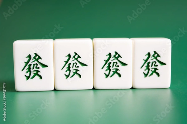Fototapeta Close-up of mahjong tiles on a green surface,Mahjong (mah jongg, mah-jongg, and mahjongg) is a tile-based game that was developed in the 19th century in China