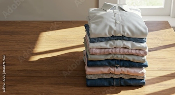 Fototapeta A tall stack of neatly folded clothes, including shirts, sweaters, and denim, rests on a wooden table illuminated by warm sunlight from a window, creating a clean and organized scene.