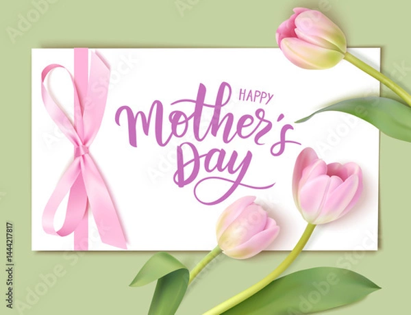 Obraz Happy Mother's day calligraphic lettering greeting text with decorative gift card with pink bow, ribbon and tulip flower on green background. Vector stock illustration.