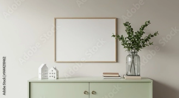 Obraz A framed blank canvas above a green cabinet with decorative houses and vase of plant leaves near books