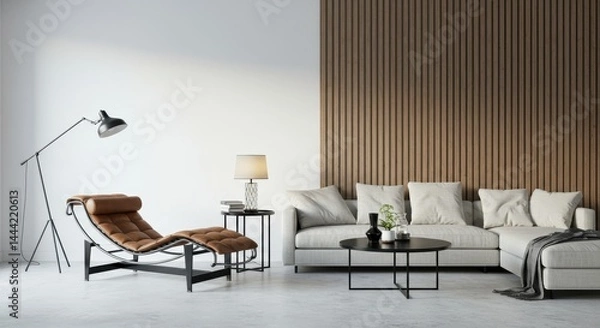 Fototapeta Living room featuring a chaise lounge sofa lamp and coffee table against a paneled wall backdrop